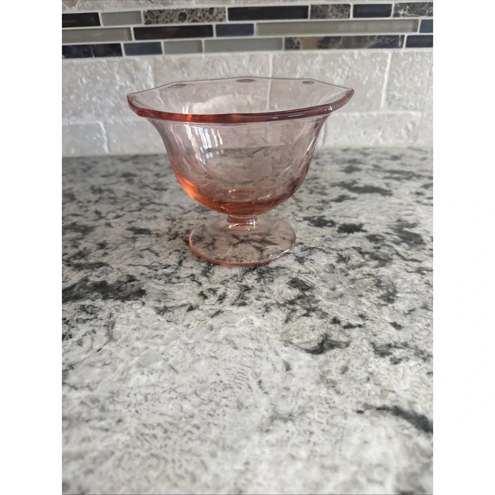 Vintage Etched Rose Pink Depression Glass Creamer/Sugar, Candy Set 1920's 1930's